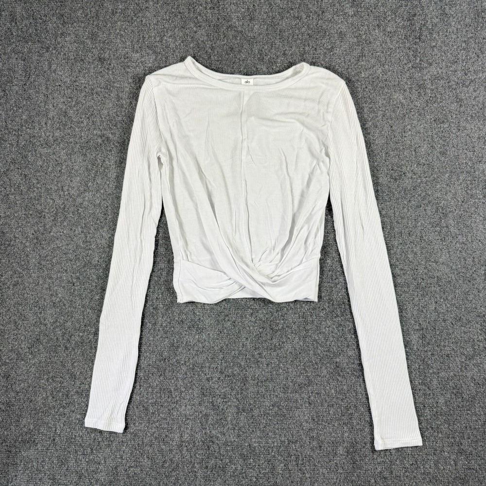 Alo Yoga Cover Long Sleeve Top Womens Small S White Ribbed Twist Front Cropped